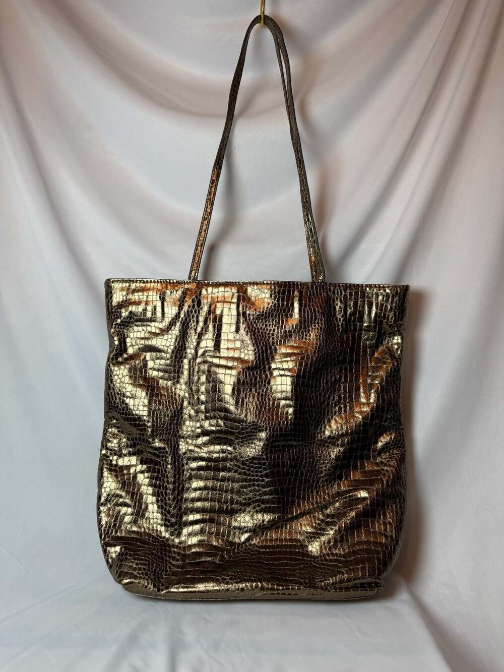 Carlos Falchi Metallic Gold Crocodile-Embossed Leather Tote Bag